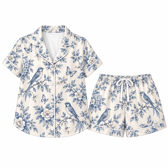 MERIVANE Bird Toile All-over Print Satin Pajama Set Short-Sleeve, Floral Sleepwear with Shorts