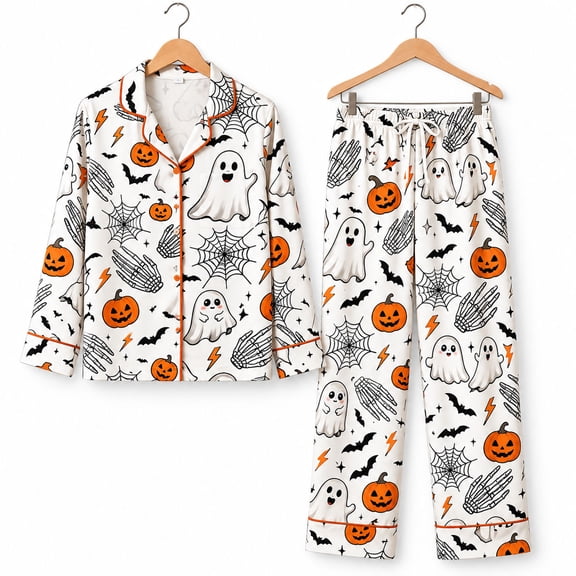Halloween Ghost Pumpkin Pajama Set, Long Sleeve Button Sleepwear