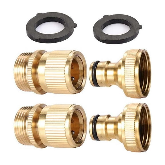 Quanmin 2-Set 3/4 Inch GHT Solid Brass Garden Hose Quick Connector Kit - Male & Female Adapters, Easy-Connect