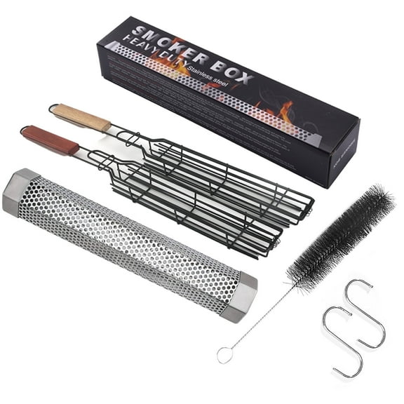 Quanmin Pellet Smoker Tube for Pellets Grill 12",Hot or Cold Smoking ,with 2 Kabob Grilling Baskets,Includes 2 S-Shaped Hooks,Cleaning Brush