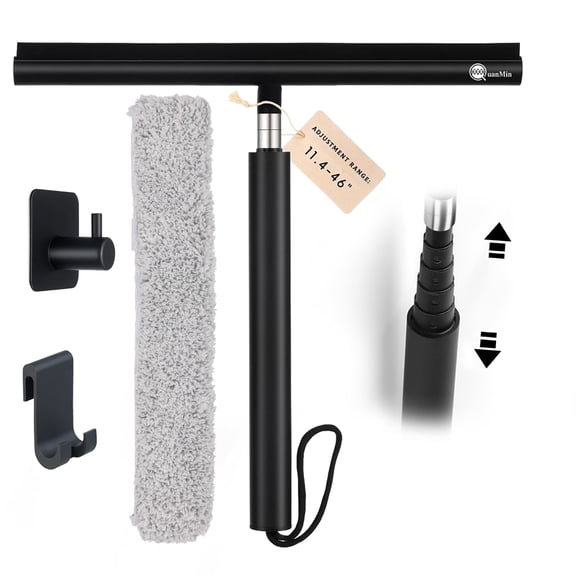 Quanmin Shower Squeegee with Hook, Stainless Steel Core Glass Wiper, Silicone Rubber Household for Shower Glass Doors, Telescoping Handled 12 inch