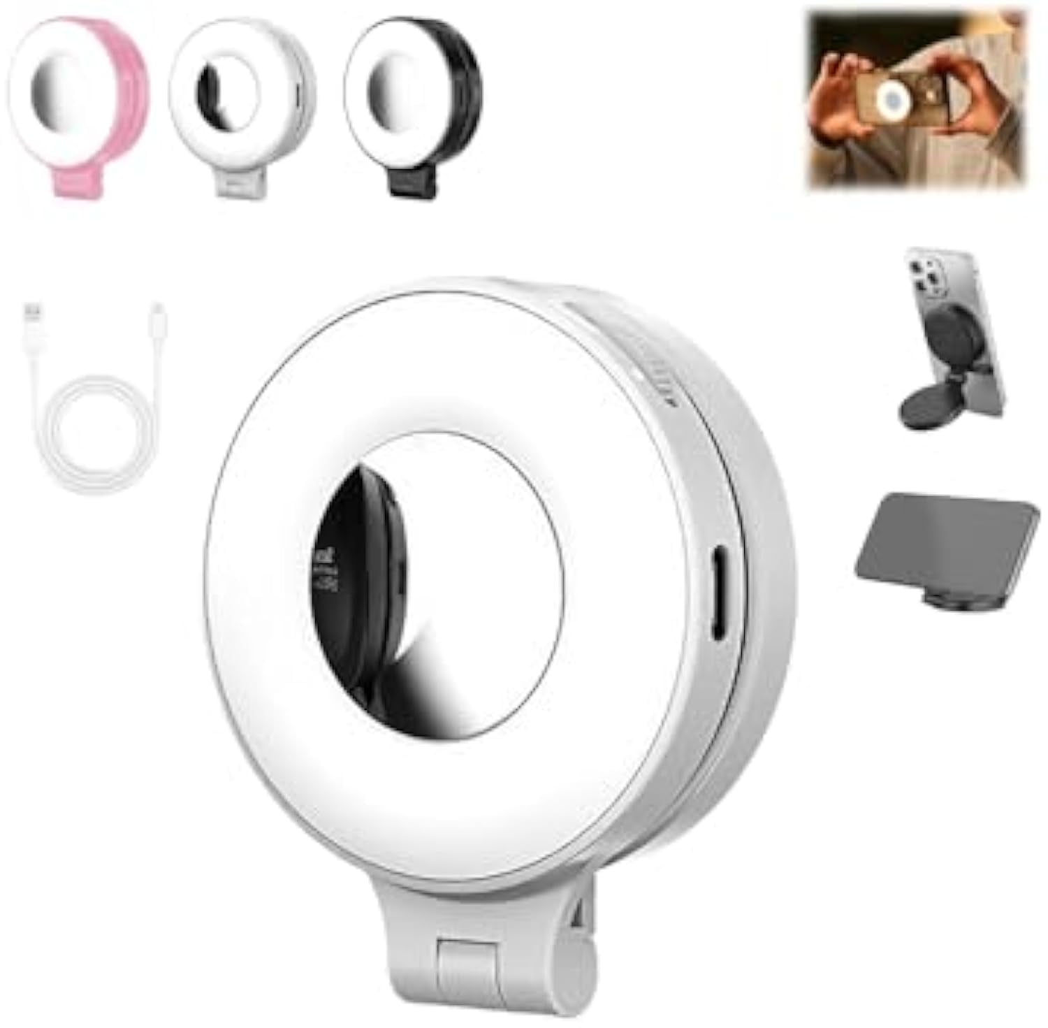 Quantifty 3-in-1 Magnetic Beauty Selfie Light for Phones, Portable Magnetic Selfie Light with Mirror, 360° Foldable Ring Light, Three Soft Color Temperatures, for Photography Recording