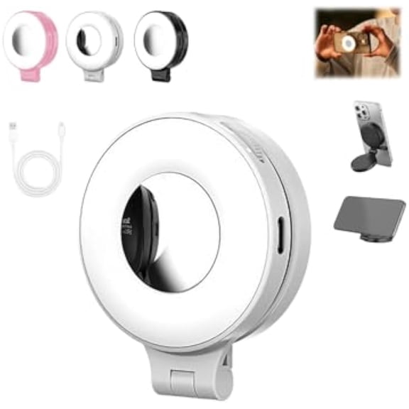 Quantifty 3-in-1 Magnetic Beauty Selfie Light for Phones, Portable Magnetic Selfie Light with Mirror, 360 Foldable Ring Light, Three Soft Color Temperatures, for Photography Recording