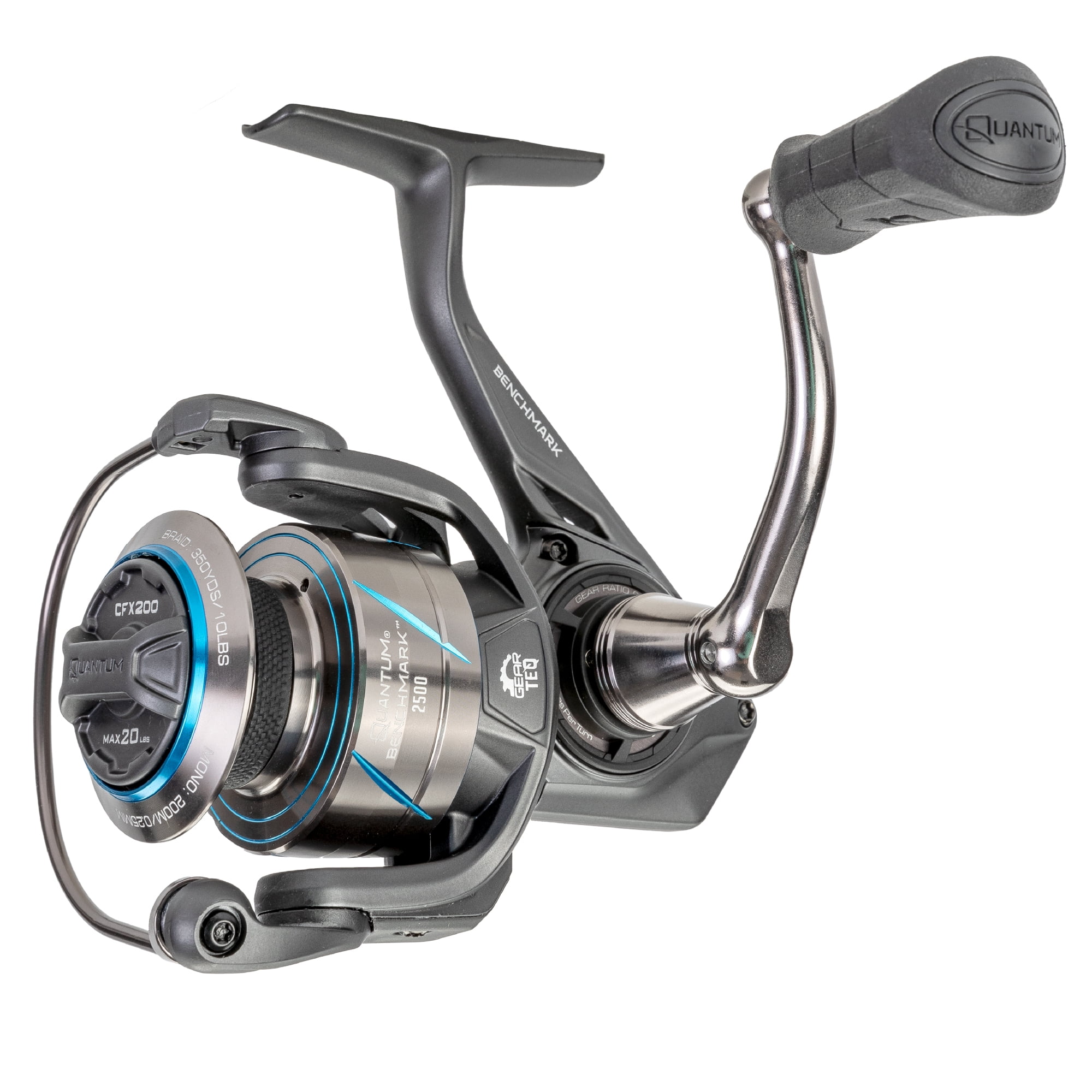 Quantum Benchmark Spinning Fishing Reel, Size 2500 Reel, 5+1 Bearings, 6.2:1 Gear Ratio, Aluminum Frame, SEALOQ 6 Protection, GEARTEQ Machined Gears, CFX200 Carbon Fiber Xtreme Drag, Silver/Blue