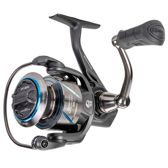Quantum Benchmark Spinning Fishing Reel, Size 3000 Reel, 5+1 Bearings, 6.2:1 Gear Ratio, Aluminum Frame, SEALOQ 6 Protection, GEARTEQ Machined Gears, CFX200 Carbon Fiber Xtreme Drag, Silver/Blue