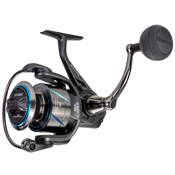 Quantum Benchmark Spinning Fishing Reel, Size 5000 Reel, 5+1 Bearings, 5.6:1 Gear Ratio, Aluminum Frame, SEALOQ 6 Protection, GEARTEQ Machined Gears, CFX200 Carbon Fiber Xtreme Drag, Silver/Blue