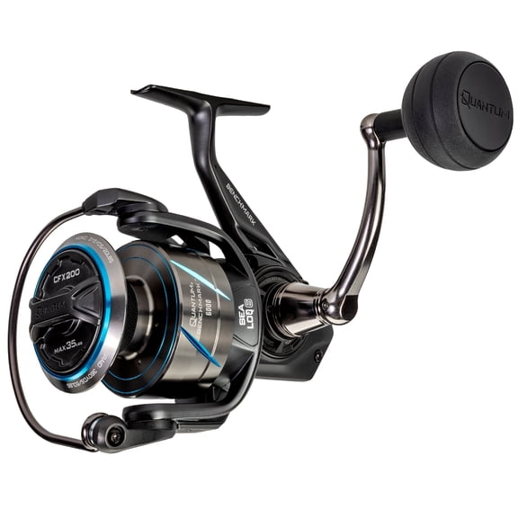 Quantum Benchmark Spinning Fishing Reel, Size 6000 Reel, 5+1 Bearings, 5.6:1 Gear Ratio, Aluminum Frame, SEALOQ 6 Protection, GEARTEQ Machined Gears, CFX200 Carbon Fiber Xtreme Drag, Silver/Blue