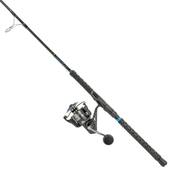 Quantum Benchmark Spinning Reel and Fishing Rod Combo, 7-Foot, 1-Piece, Heavy Power, Moderate-Fast Action Rod, Graphite Composite Blank, Size 8000 Reel, 5+1 Bearings, 4.7:1 Gear Ratio, Silver/Blue