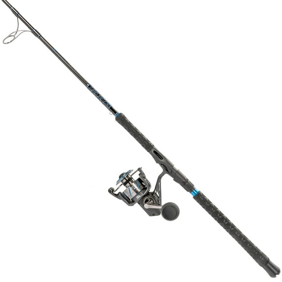 Quantum Benchmark Spinning Reel & Fishing Rod Combo, 7-Foot, 1-Piece, Med-Heavy Power, Moderate-Fast Action Rod, Graphite Composite Blank, Size 6000 Reel, 5+1 Bearings, 5.6:1 Gear Ratio, Silver/Blue
