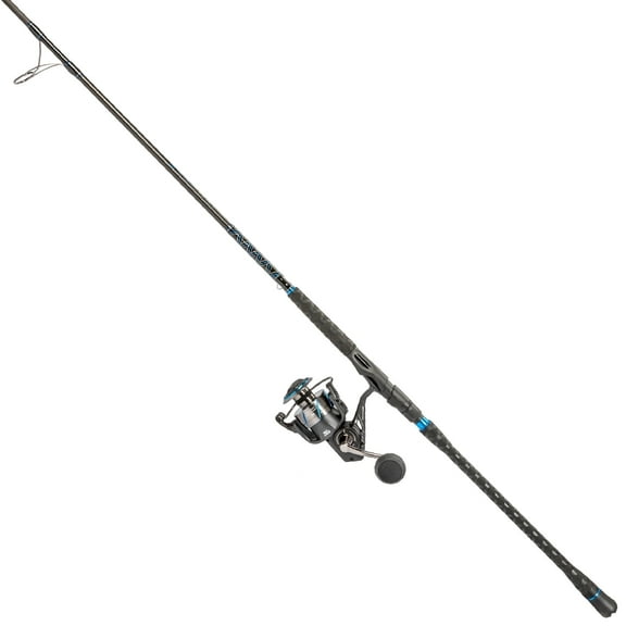 Quantum Benchmark Spinning Reel & Fishing Rod Combo, 9-Foot, 2-Piece, Med-Heavy Power, Moderate-Fast Action Rod, Graphite Composite Blank, Size 6000 Reel, 5+1 Bearings, 5.6:1 Gear Ratio, Silver/Blue
