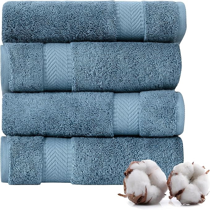 Quantum Creation 100% Cotton 400GSM Blue Solid Print Hand Towel Set of 4