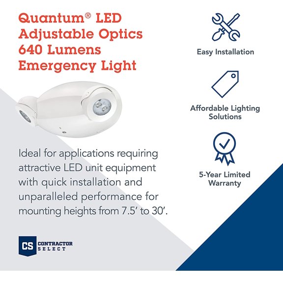 Quantum Emergency Light, Contemporary Commercial LED Emergency Lights with 2 Aimable Lamp Heads, Ceiling or Wall Mount, White Thermoplastic, 120/277V Dual Voltage (ELM4L)
