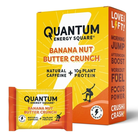 Quantum Energy Square: Energy Bar with Caffeine & 10g Protein. Delicious Healthy Snack On The Go. (Vegan, Gluten-free, Soy-free, Dairy-free). Flavor: Banana Nut Butter Crunch 8Pk