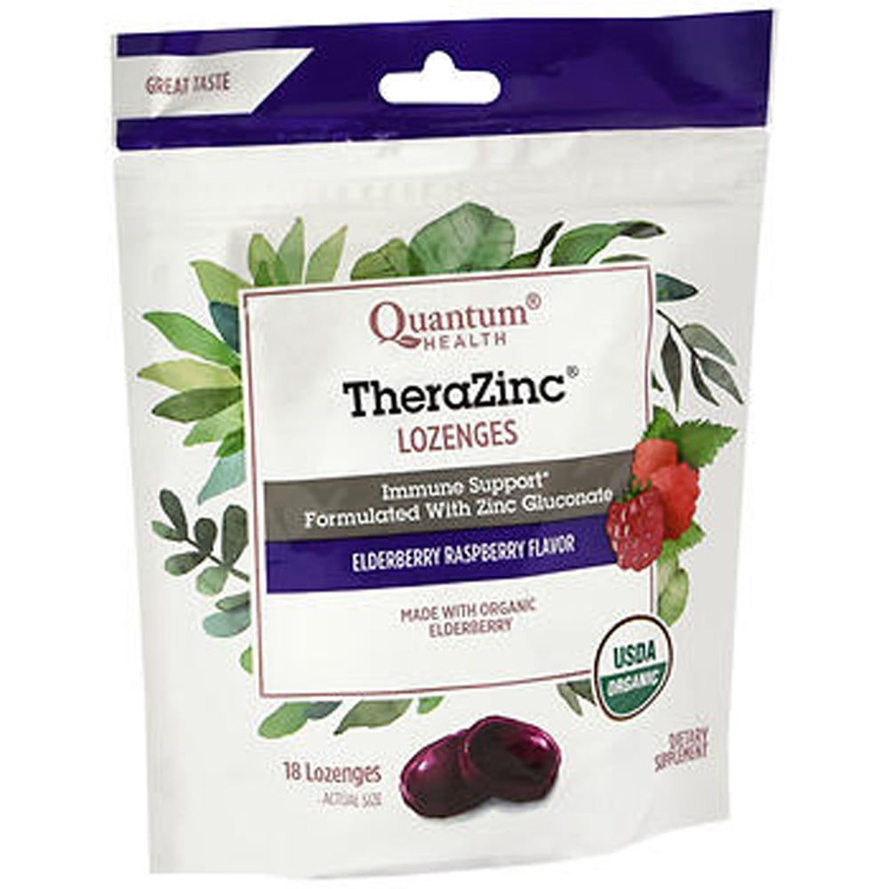 Quantum Organic TheraZinc Lozenges Immune Support for Cough Relief Elderberry Raspberry Flavor, 18 ct