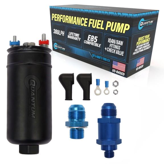 Quantum Performance 380LPH Inline External E85 Compatible Fuel Pump w/ Inlet Outlet, QFS-606FT