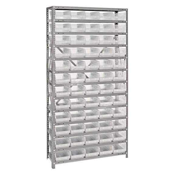 Quantum Storage Systems Quantum Storage 1275-102CL Clear-View Sloped Shelving Unit with 4" Shelf Bins, 60 QSB102 Shelf Bins, 12" D x 36" W x 75" H