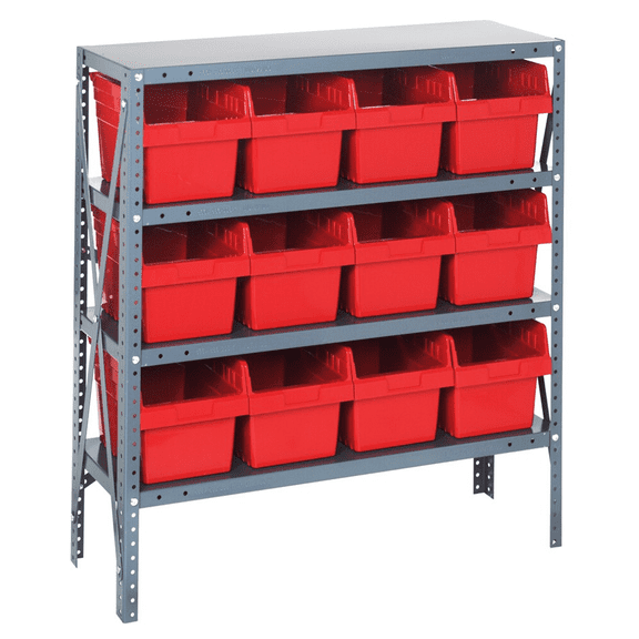 Quantum Storage Systems 1839-SB808RD Solid Heavy Duty 4 Shelves 39" H x 36" W x 18" D with 12 Red Bins 18" L x 9" W x 8" H