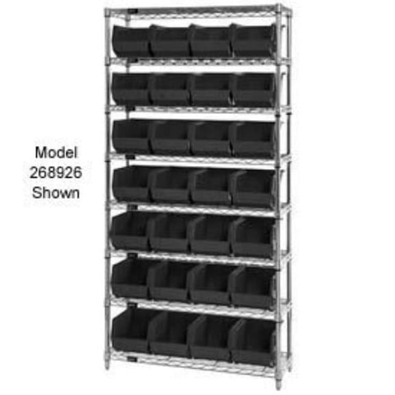 Quantum Storage Systems 268927BK WR7-245 Chrome Wire Shelving with 24 Giant Plastic Stacking Bins, Black - 36 x 12 x 74 in.