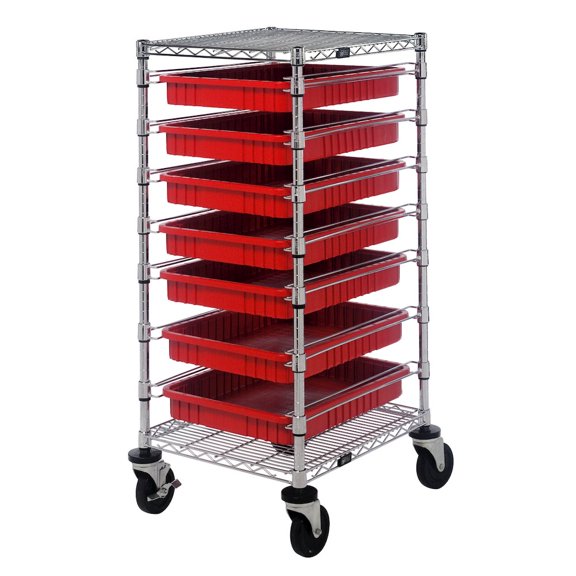 Quantum Storage Systems BC212439M2RD Wire Heavy Duty Wheels 7 Shelves 45" H x 24" W x 21" D with 7 Red Bins 23" L x 18" W x 3" H