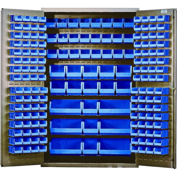 Heavy-Duty 48" Bin Cabinet, 48"W x 24"D x 78"H, 14 gauge all welded construction, includes: (64) QUS210, (64) QUS220, (24) QUS230, (13) QUS240 and (6) QUS250 blue bins, beige powder-coated finish
