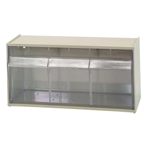 Dividable Tip Out Bin, (2) compartment, 23-5/8"W x 5-1/4"D x 5-15/16"H, handle with label slot, opens to a 45 angle, plastic clear container, polystyrene ivory cabinet, Made in USA