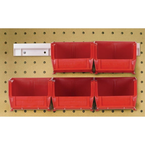 Hang-n-Stack Bin, package, includes: (4) 10-7/8"L x 5-1/2"W x 5"H (QUS230) red bin and (2) bin rails