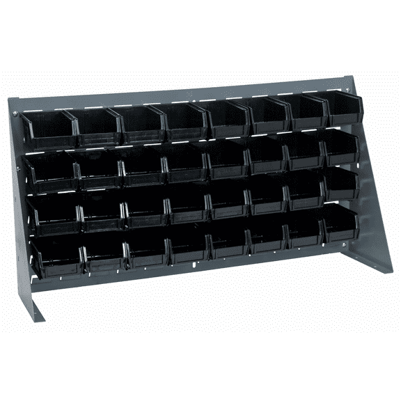 Quantum Storage Systems QBR-3619-210-32BK Solid Louvered Panel Bins Bench Rack 9 Shelves 19" H x 36" W x 8" D with 32 Black Bins 6" L x 5" W x 3" H