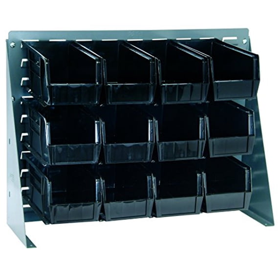 Bench Rack, 27-3/4"L x 8"W x 21"H, 16 gauge steel louvered model, includes: (12) 10-7/8"L x 5-1/2"W x 5"H black bins, gray enamel finish