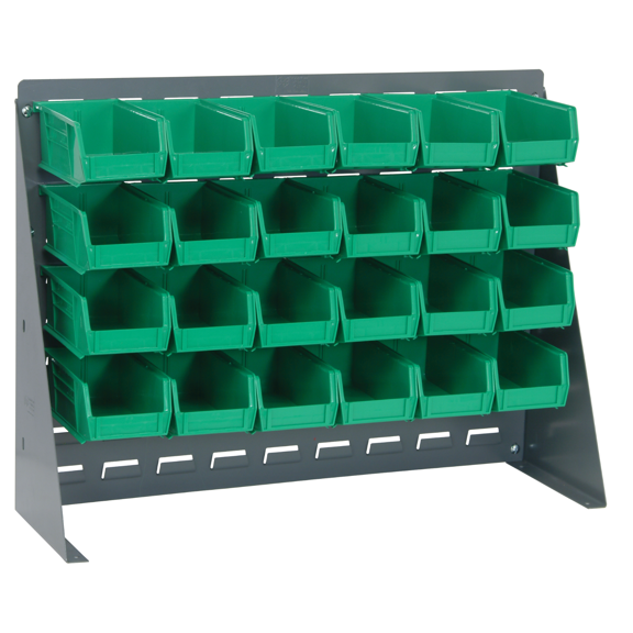 Quantum Storage Systems QBR-2721-220-24GN Solid Louvered Panel Bins Bench Rack 9 Shelves 21" H x 28" W x 8" D with 24 Green Bins 8" L x 5" W x 3" H