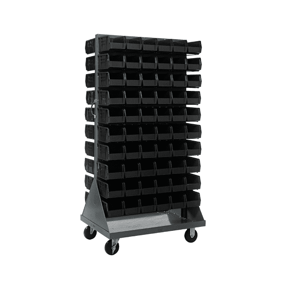 Quantum Storage Systems QMD-36H-230BK Solid Mobile Louvered Panel Double Sided Bins Bench Rack 60 Shelves 72" H x 36" W x 25" D with 120 Black Bins 11" L x 6" W x 5" H
