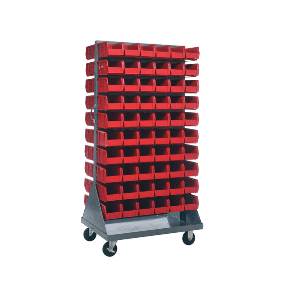 Quantum Storage Systems QMD-36H-230RD Solid Mobile Louvered Panel Double Sided Bins Bench Rack 60 Shelves 72" H x 36" W x 25" D with 120 Red Bins 11" L x 6" W x 5" H