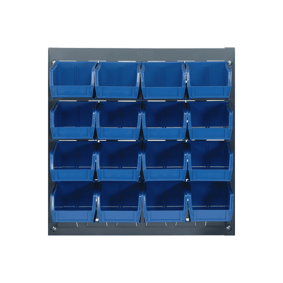 Quantum Storage Systems QLP-1819-220-16BL Solid Hanging Louvered Panel Bins Rack 54 Shelves 19" H x 18" W x 8" D with 16 Blue Bins 8" L x 5" W x 3" H