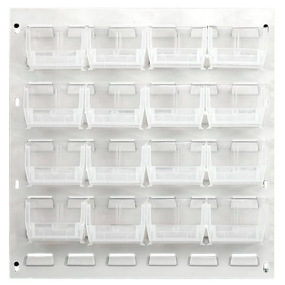 Louvered Panel, wall mounted, 18"L x 8"D x 19"H, includes: (16) QUS220, clear bins, heavy-duty 16 gauge cold rolled steel, oyster white enamel coated finish (mounting hardware not included)