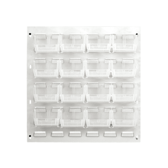 Louvered Panel, wall mounted, 18"L x 8"D x 19"H, includes: (16) QUS220, clear bins, heavy-duty 16 gauge cold rolled steel, oyster white enamel coated finish (mounting hardware not included)