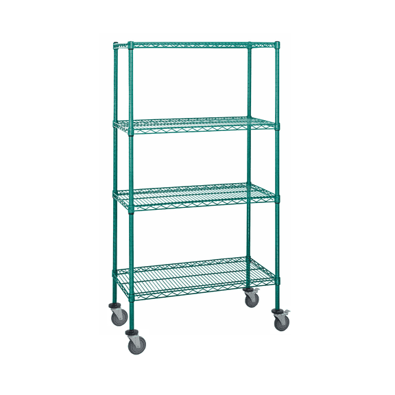 Quantum Storage Systems M1848P46 Wire Wheels Shelves Green Epoxy 4 Shelves 69" H x 48" W x 18" D with 4 Shelves Casters Black