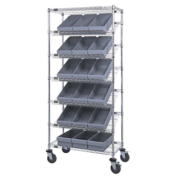 Quantum Storage Systems MWRS-7-606GY Wire Slanted Wheels 7 Shelves 80" H x 36" W x 18" D with 18 Gray Bins 18" L x 9" W x 5" H
