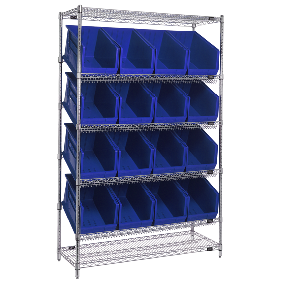 Quantum Storage Systems WRSL6-74-1848-260BL Wire Slanted 6 Shelves 74" H x 48" W x 18" D with 16 Blue Bins 18" L x 11" W x 10" H