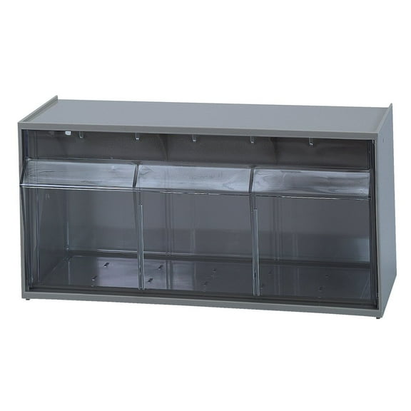 Dividable Tip Out Bin, (2) compartment, 23-5/8"W x 5-1/4"D x 5-15/16"H, handle with label slot, opens to a 45 angle, plastic clear container, polystyrene gray cabinet, Made in USA