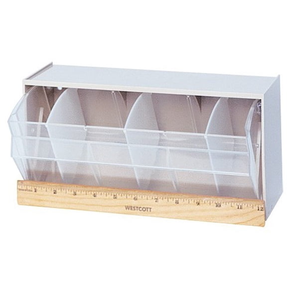 Dividable Tip Out Bin, (2) compartment, 23-5/8"W x 5-1/4"D x 5-15/16"H, handle with label slot, opens to a 45 angle, plastic clear container, polystyrene gray cabinet, Made in USA