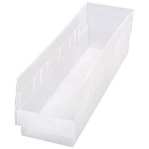 Economy Shelf Bin, nesting, 23-5/8"W x 6-5/8"D x 6"H, (7) divider slots, rear hanglock, molded-in label holder, clear polyropylene, Made in USA