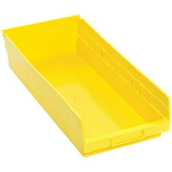 Economy shelf bin, 17-7/8"W x 8-3/8"D x 4"H, includes (7) divider slots, rear hanglock, molded-in label holder, polypropylene, yellow, Made in USA