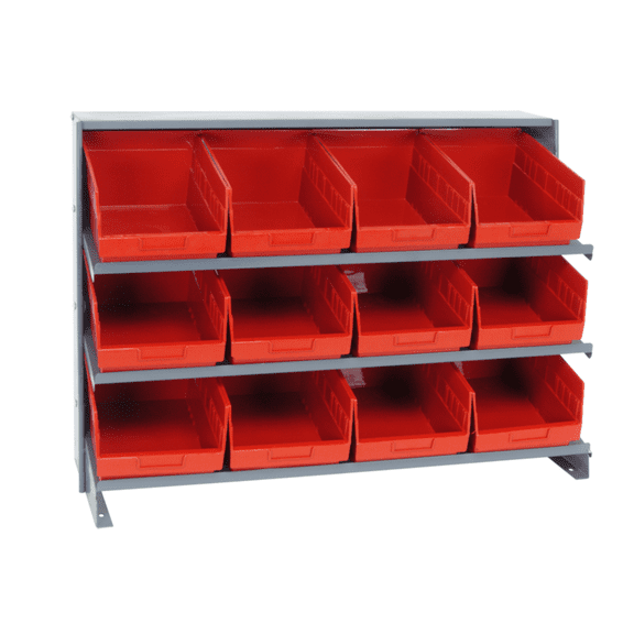 Quantum Storage Systems QPRHA-207RD Solid Single Sided 3 Shelves 27" H x 36" W x 12" D with 12 Red Bins 12" L x 9" W x 6" H