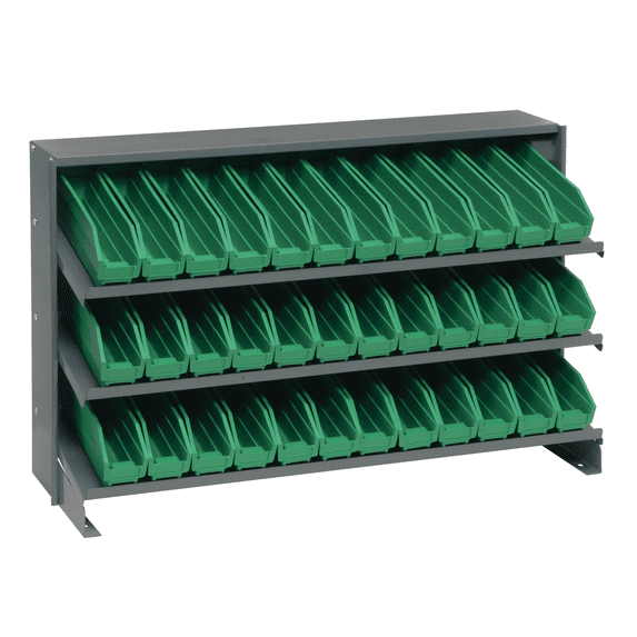 Quantum Storage Systems QPRHA-100GN Solid Single Sided 3 Shelves 23" H x 36" W x 13" D with 36 Green Bins 12" L x 3" W x 4" H