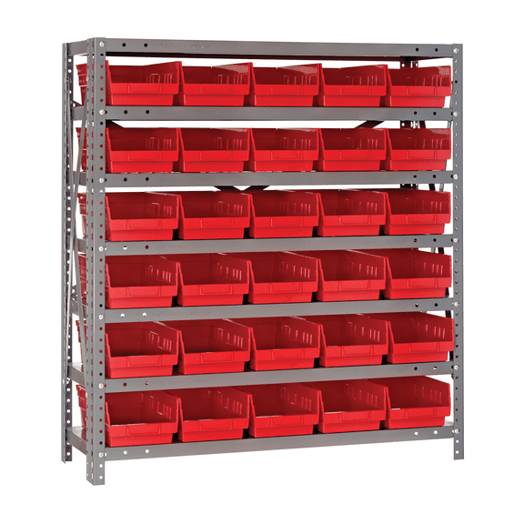Quantum Storage Systems 1839-104RD Solid Heavy Duty 7 Shelves 39" H x 36" W x 18" D with 30 Red Bins 18" L x 7" W x 4" H