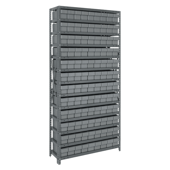 Quantum Storage Systems 1875-604GY Solid Heavy Duty 13 Shelves 75" H x 36" W x 18" D with 108 Gray Bins 18" L x 4" W x 5" H