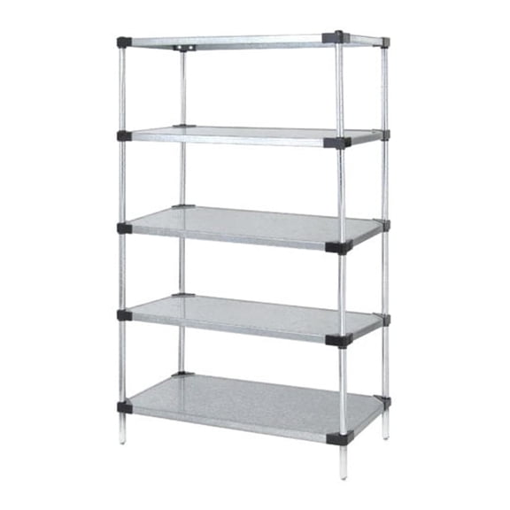 Solid Shelving Starter Kit, 36"W x 18"D x 74"H, 300 - 600 lb. capacity, includes (5) solid shelves and (4) posts, galvanized steel, NSF, shipped KD