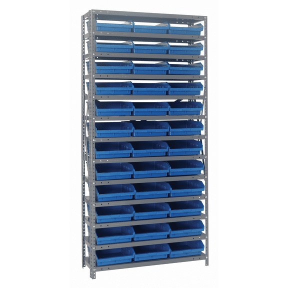 Quantum Storage Systems 1275-109BL Solid Heavy Duty 13 Shelves 75" H x 36" W x 12" D with 36 Blue Bins 12" L x 12" W x 4" H