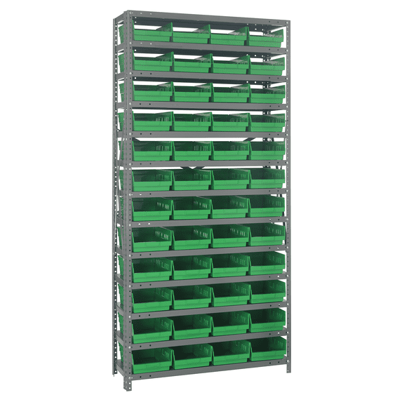 Quantum Storage Systems 1275-107GN Solid Heavy Duty 13 Shelves 75" H x 36" W x 12" D with 48 Green Bins 12" L x 9" W x 4" H