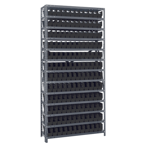 Quantum Storage Systems 1275-100BK Solid Heavy Duty 13 Shelves 75" H x 36" W x 12" D with 144 Black Bins 12" L x 3" W x 4" H