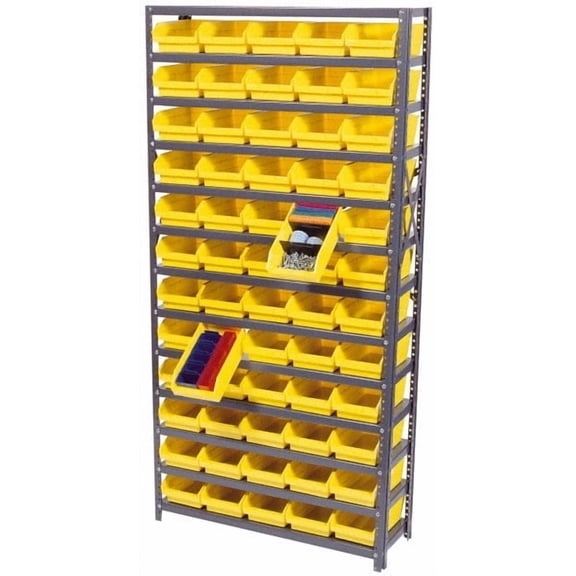 Quantum Storage Systems 1275-107BL Solid Heavy Duty 13 Shelves 75" H x 36" W x 12" D with 48 Blue Bins 12" L x 9" W x 4" H